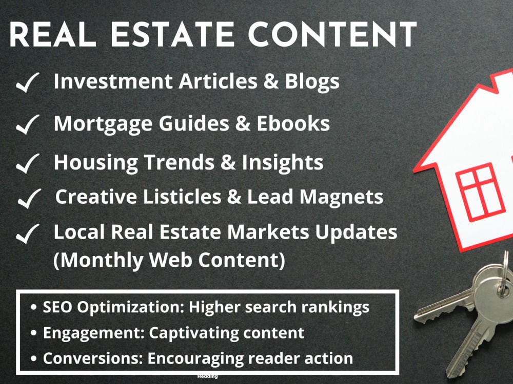 You will get Engaging Real Estate SEO Blog or Investment Article, eBook or Lead Magnet