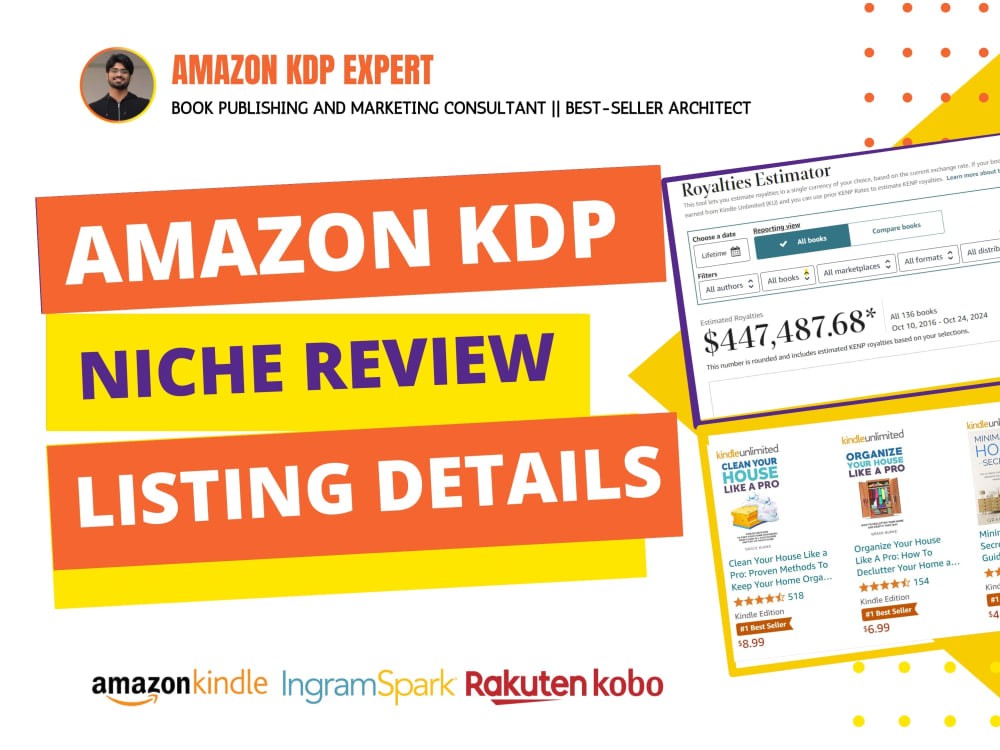 You will get book niche review and listing details including keywords and categories