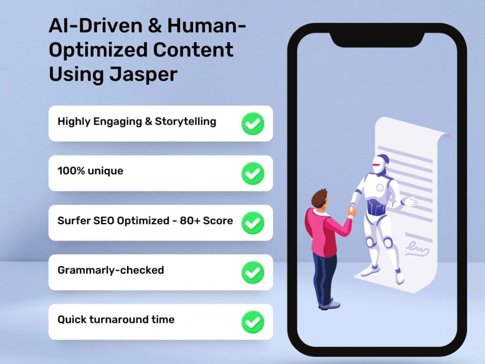 You will get human-optimized content using Jasper AI and SurferSEO